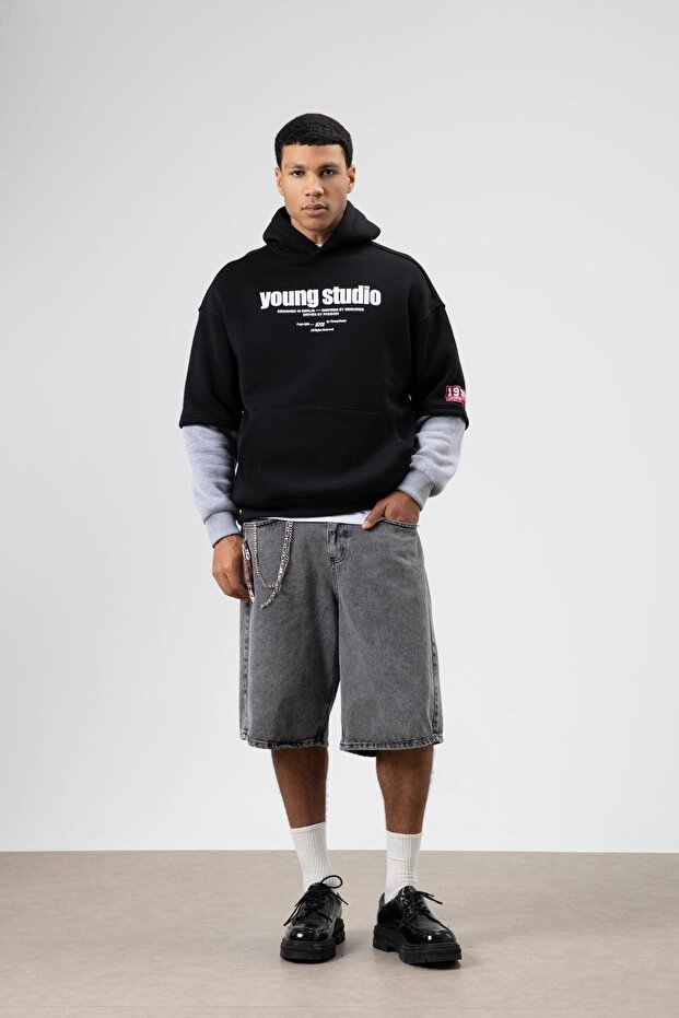 Oversize Printed Hooded Sweatshirt Black