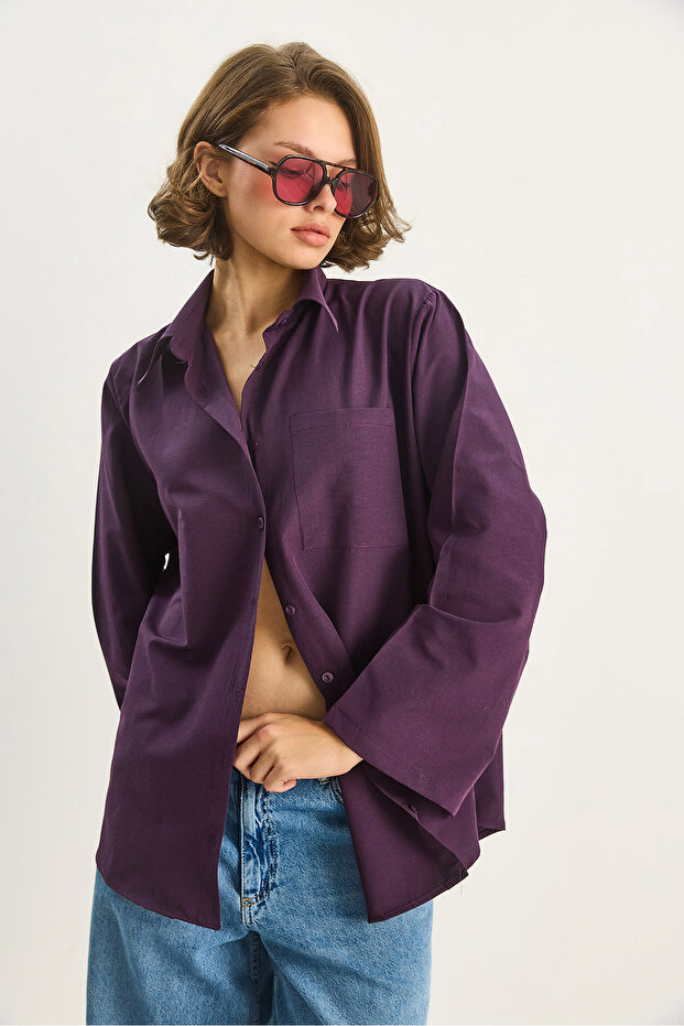 Kadın Geniş Kollu Tek Cep Detaylı Oversize Basic Poplin Gömlek 2144 60284103 - 3