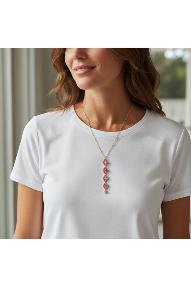 Antiallergic Y Necklace with Evil Eye Beads | Dark Pink Color