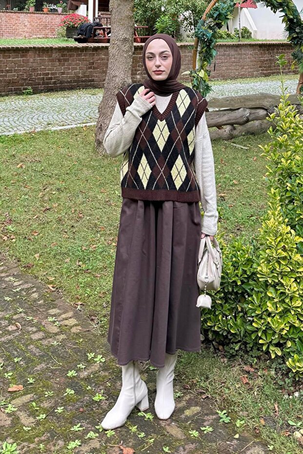 Baklava Patterned Sweater Bitter Brown - 1