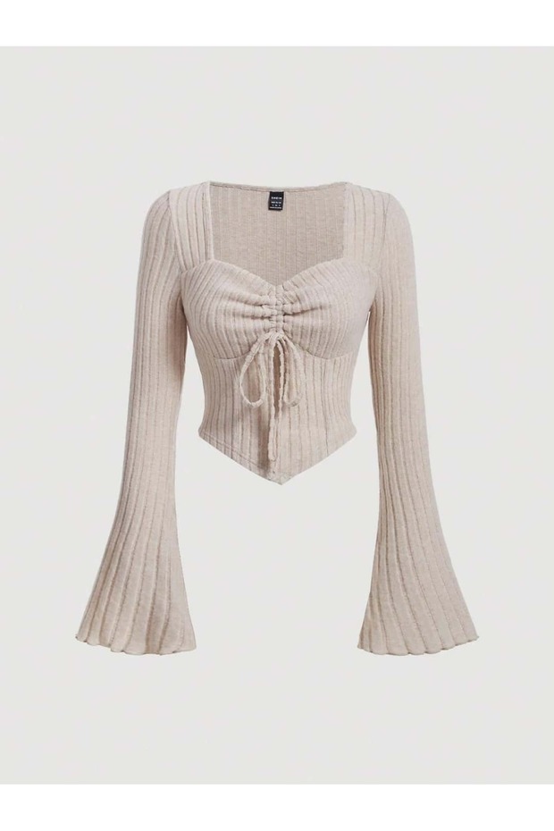 Asymmetrical Blouse with Gathered Front, Flared Sleeves, Lettuce Edge Stitching Detail. - 1