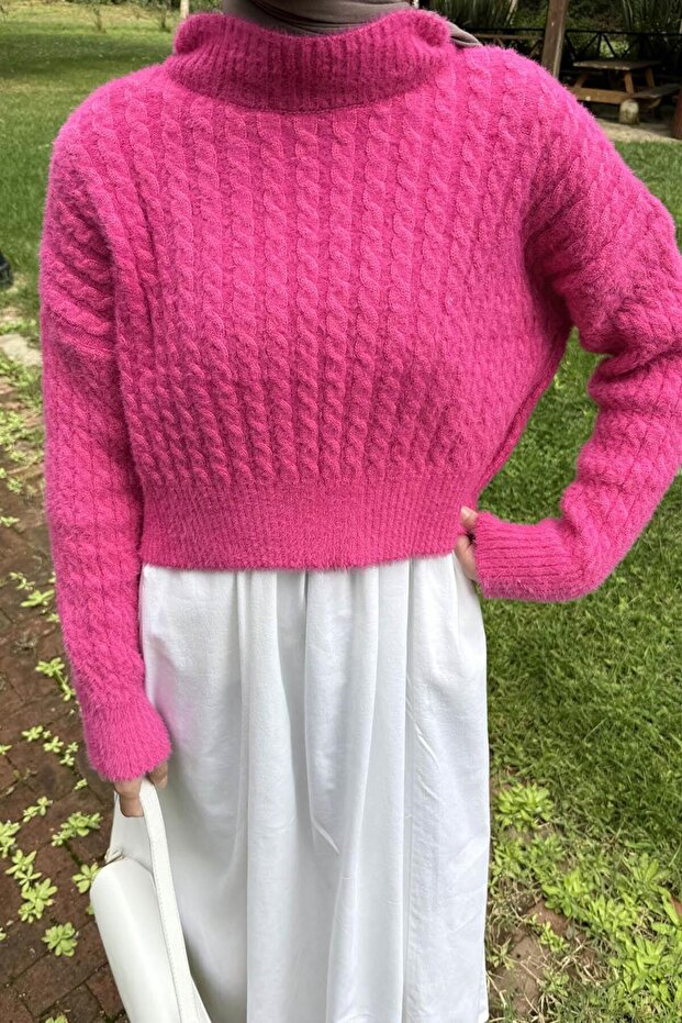 سترة محبوكة قصيرة محبوكة فوشيا - 3