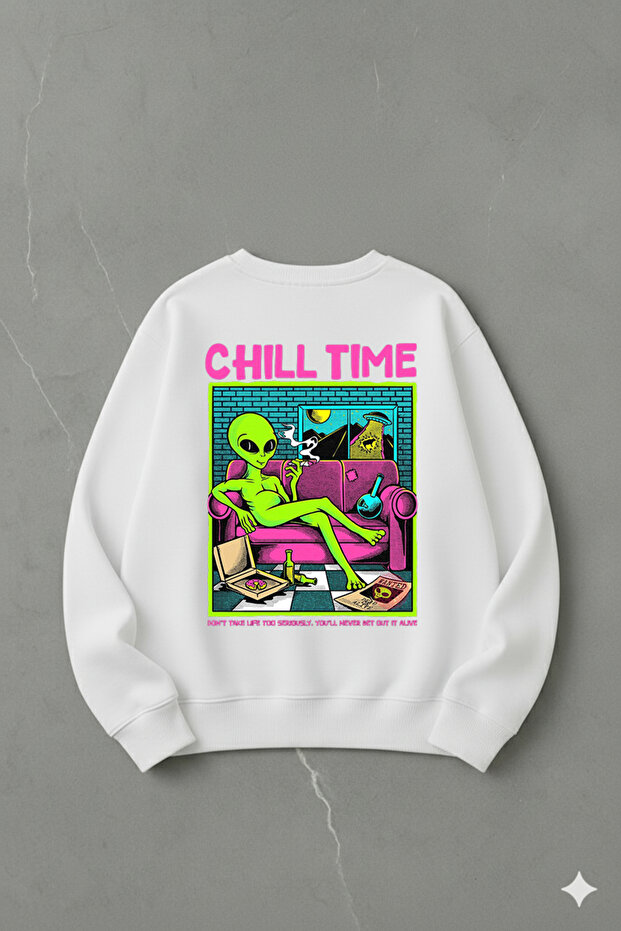 سويت شيرت قطني كبير الحجم للجنسين برقبة دائرية – طباعة CHILL
