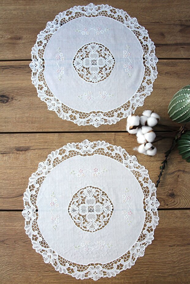 2' Round American Service Tablecloth with Lace Embroidery Appearance, 40 cm