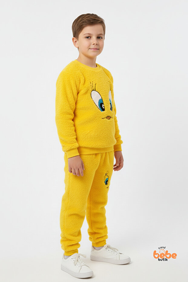 Sarı Tweety Nakışlı Welsoft Erkek Çocuk Eşofman Takımı – Peluş Sıcak Kumaş Pijama Takımı - 2