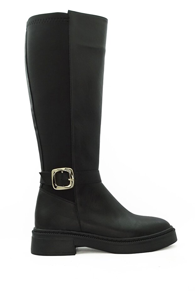 Black Zippered Buckle Detailed Flexible Diving Fabric Below-The-Knee Women's Boots