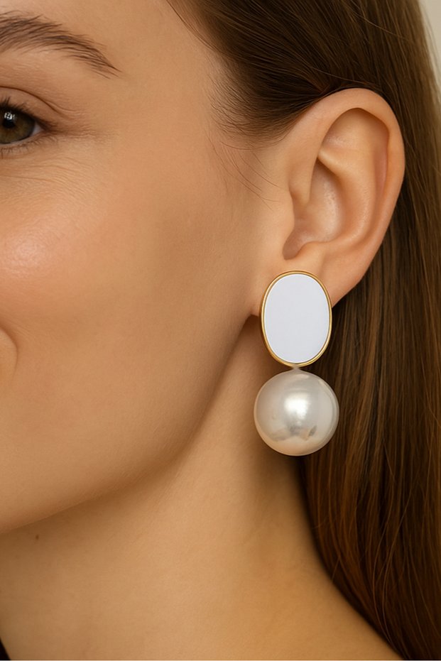 Vintage Pearl Oval Earrings – White Enamel and Gold Framed