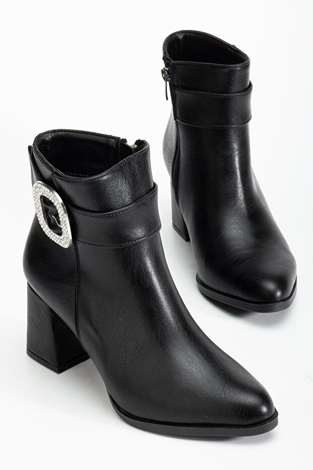 Black Women's Thick Heeled Boots with Stone Buckle Pointed Toe