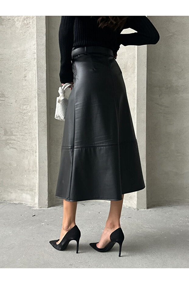 Kemerli Deri Midi Etek - 5