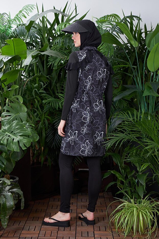 Desenli Tesettür Mayo - Siyah - 4