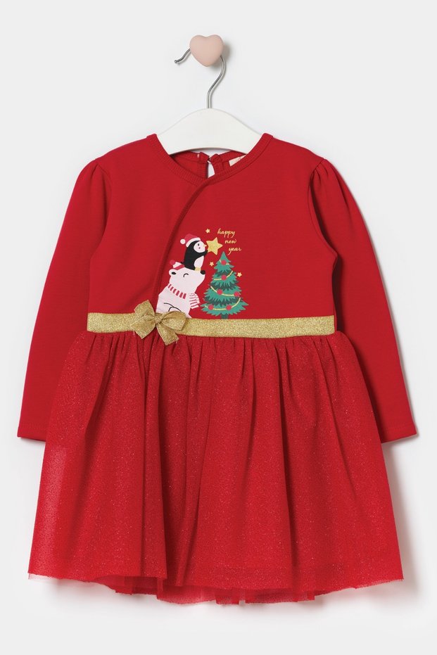 Christmas Themed Bow Detailed Tulle Baby Girl Dress Red