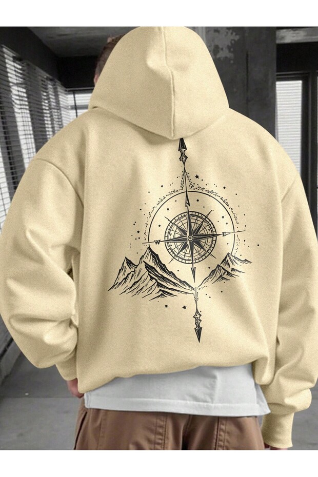 -Men's Compass Printed Sweatshirt 3-Thread Quality Fabric Oversize Cut