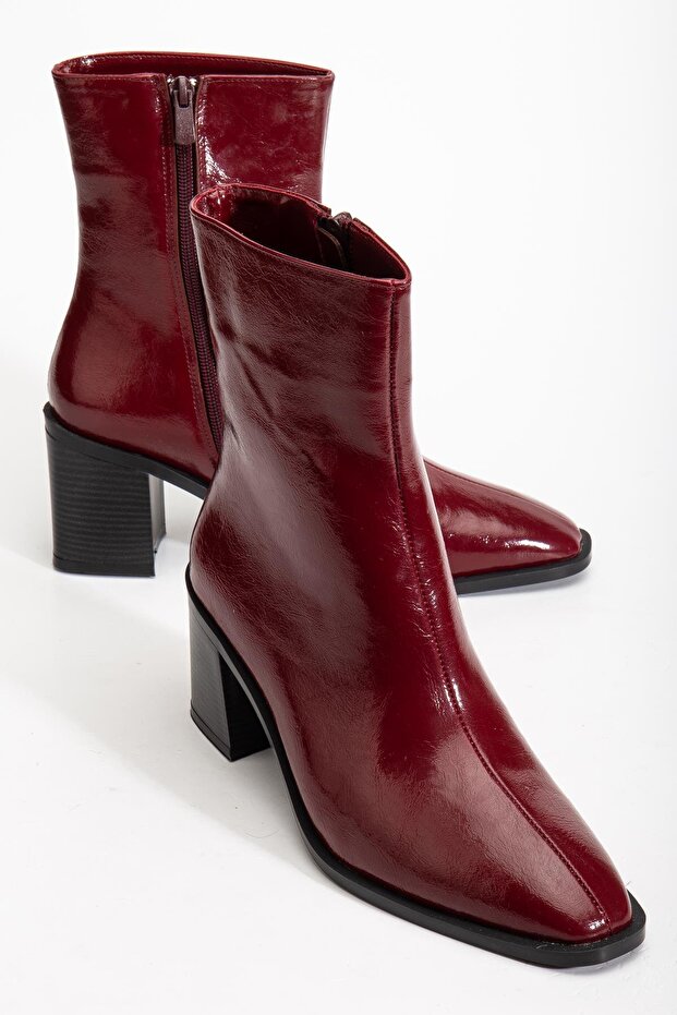 Burgundy Women's Thick Heeled Boots Patent Leather Blunt Toe Flat Bottom