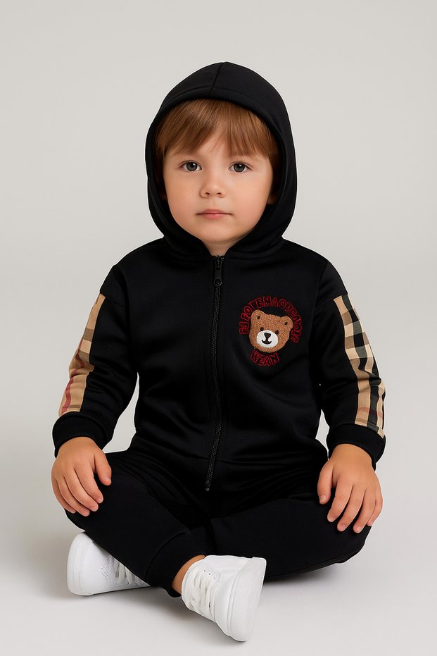 Winter Hooded Fleece-Lined Scuba Baby Boy and Kids Set – Plaid Sleeve Design (2-5 Years)
