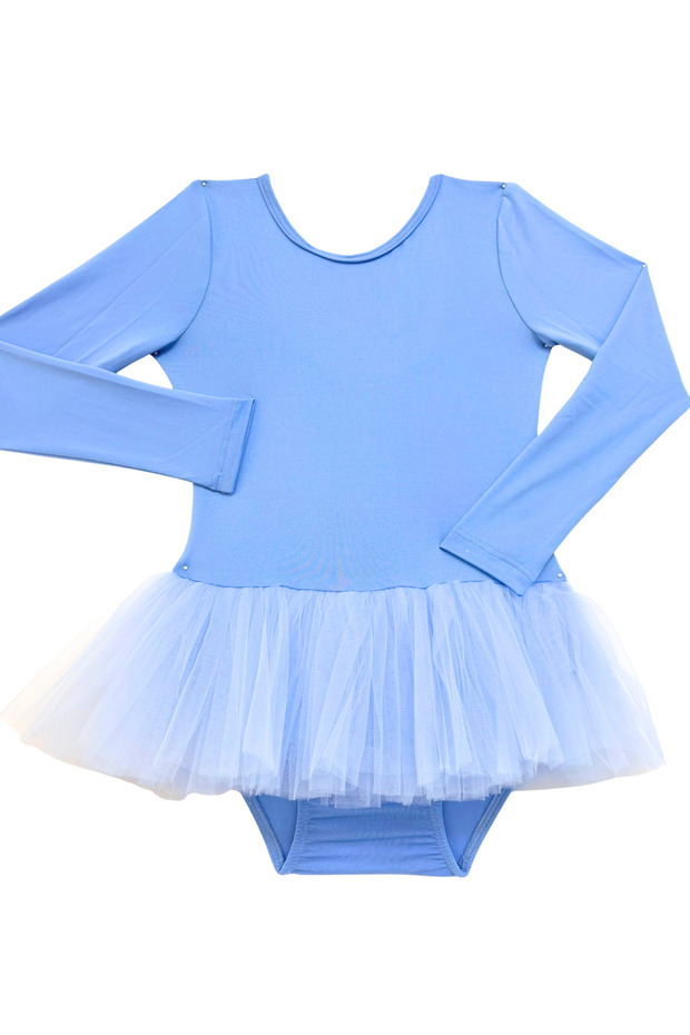 Girls' Blue Long Sleeve Tutu Skirted Ballet and Gymnastics Leotard