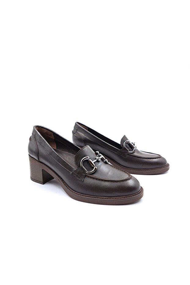 Genuine Leather 5 cm Heeled Brown Women's Classic Loafer Shoes