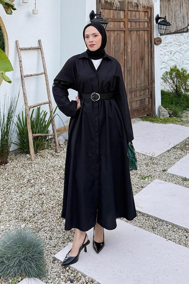 فستان بحزام أسود
