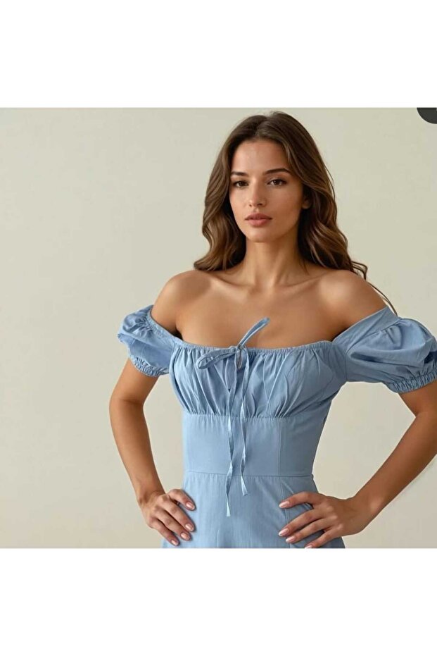 Açık soft mavi midi bou elbise - 2