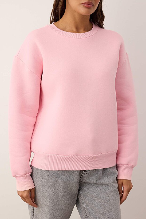 Açık Pembe Kalın İçi Polarlı Regular/Normal Kalıp Bisiklet Yaka Basic Örme Sweatshirt TWOAW24SW00101 - 3