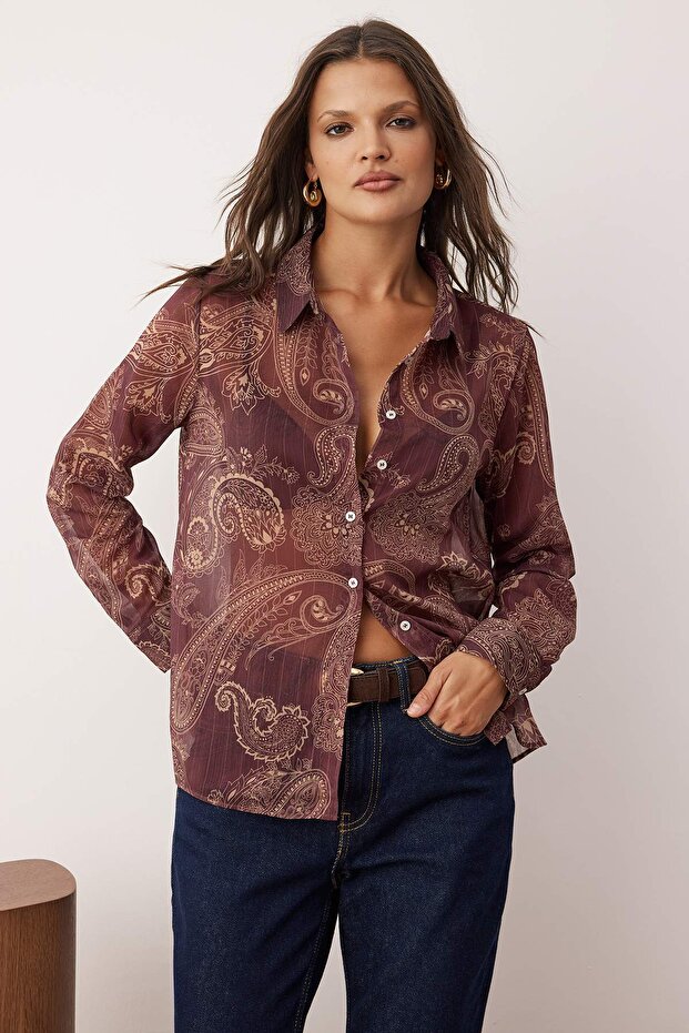 Bordo Boho Şal Desenli Astarsız Yoryo Şifon Gömlek TWOAW26GO00063 - 4
