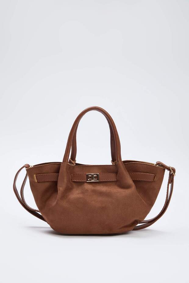 Mini-City-Tasche aus hellbraunem Wildleder mit Kreuzriemen für Hand und Schulter TWOSS25OC00003 - 1