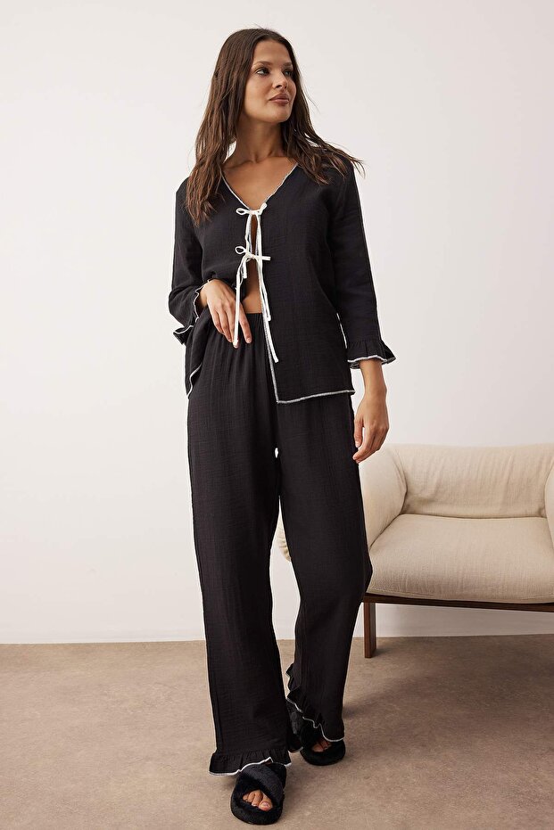 Siyah %100 Pamuklu Fiyonklu/Bağlamalı Müslin Dokuma Pijama Takımı THMAW26PT00146 - 2
