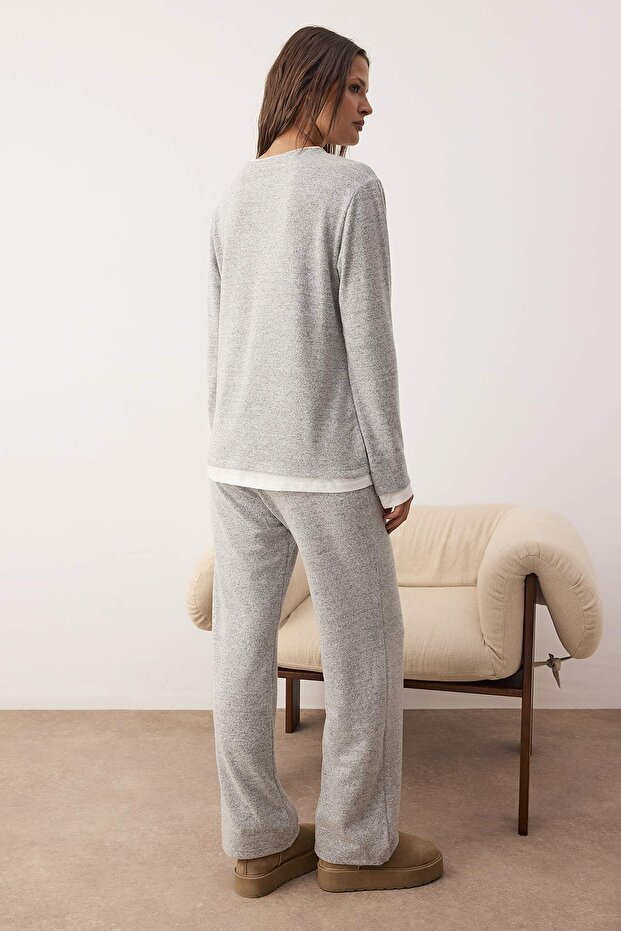 Gri Melanj Çift Katlı Kışlık Yumoş Örme Pijama Takımı THMAW26PT00154 - 5