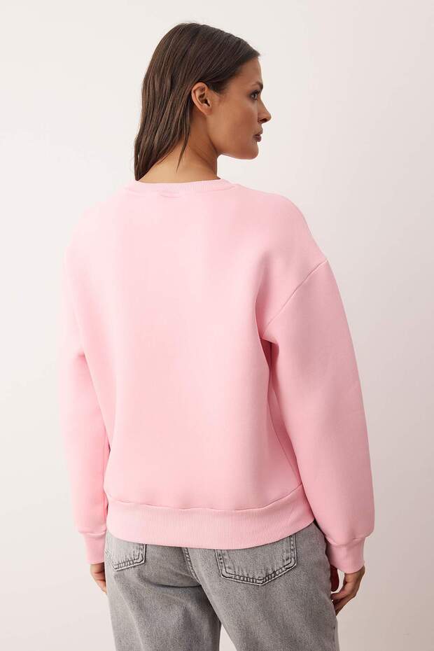 Açık Pembe Kalın İçi Polarlı Regular/Normal Kalıp Bisiklet Yaka Basic Örme Sweatshirt TWOAW24SW00101 - 4