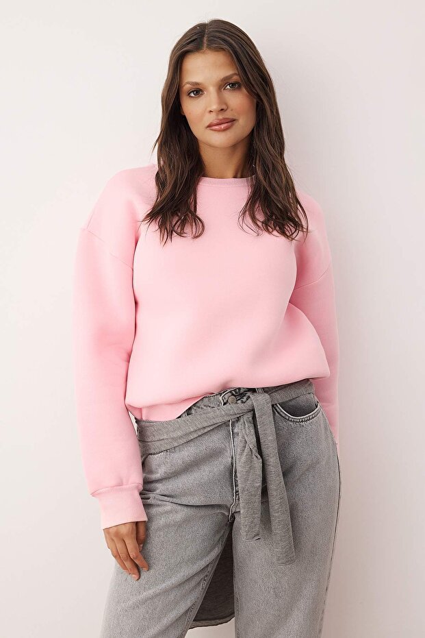Açık Pembe Kalın İçi Polarlı Regular/Normal Kalıp Bisiklet Yaka Basic Örme Sweatshirt TWOAW24SW00101 - 1