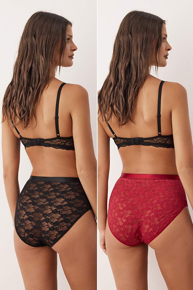 Siyah-Bordo 2'li Lastik Detaylı Dantel Hipster Örme Külot THMAW26KU00008 - 2