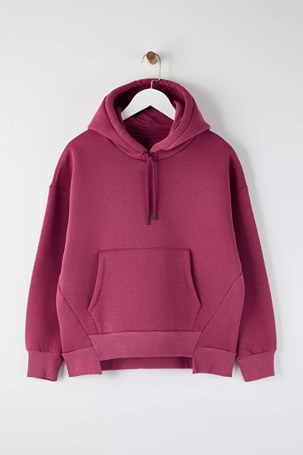 Teen Gül Kurusu Kalın İçi Polarlı Kapüşonlu Cepli Asimetrik Örme Sweatshirt TWOAW26SW00113 - 5