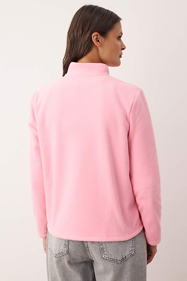 Pembe Polar Düz Dik Yaka Cepli Fermuarlı Regular/Normal Kesim Örme Sweatshirt TWOAW26SW00005 - 4