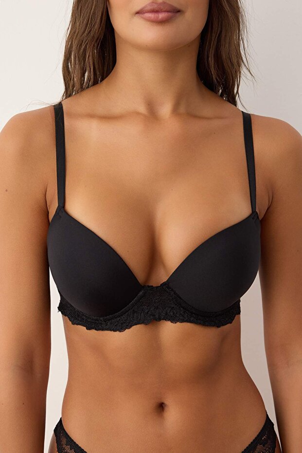 Siyah Micro Dantel Detaylı Kaplı T-Shirt Bra Örme Sütyen THMAW26SU00010 - 3