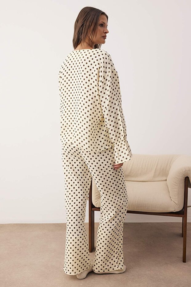 Ekru %100 Pamuklu Puantiyeli Müslin Kumaş Dokuma Pijama Takımı THMAW26PT00178 - 4