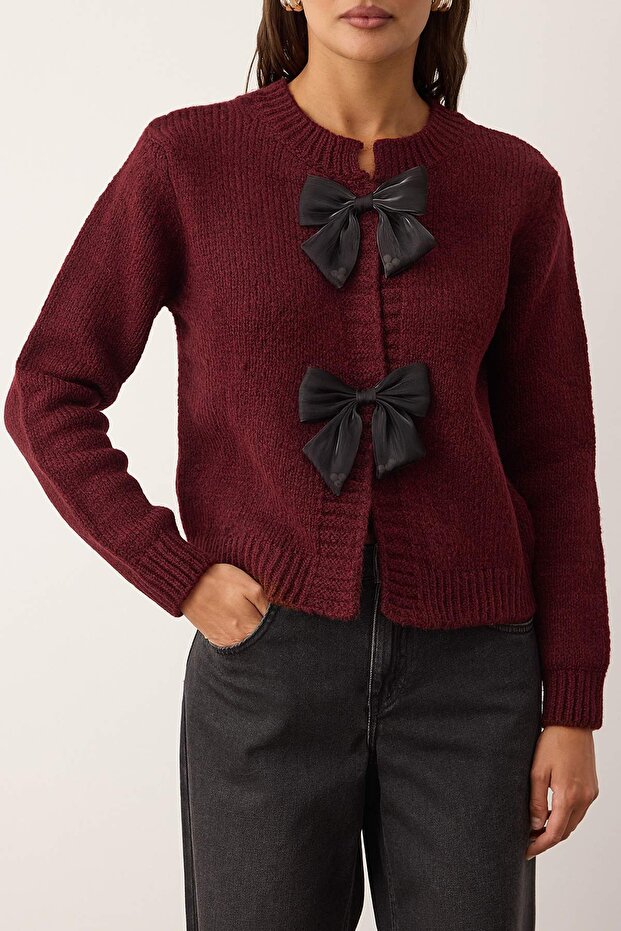 Bordo Bisiklet Yaka Kurdele Detaylı Triko Hırka TWOAW26HI00236 Triko Hırka TWOAW26HI00236 - 7