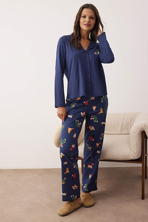 Kadın Couple/Çift Lacivert %100 Pamuklu Yılbaşı Temalı Gömlek Yaka Örme Pijama Takımı THMAW26PT00172 - 3