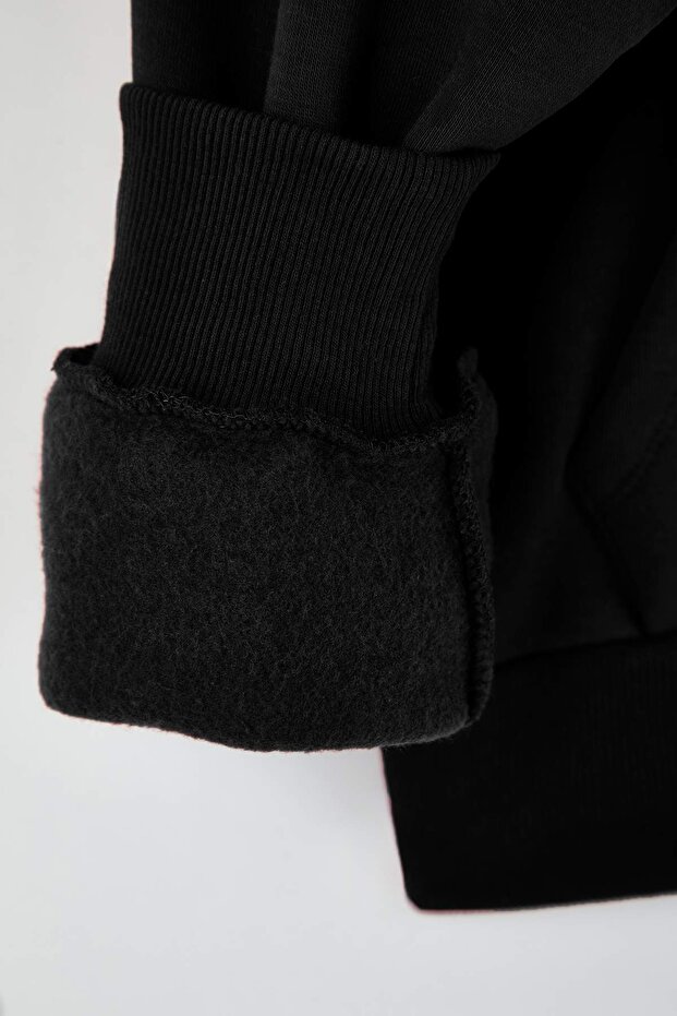 Teen Siyah Kapüşonlu Kalın İçi Polarlı Yarım Pat Fermuarlı Cepli Örme Sweatshirt TWOAW26SW00160 - 6