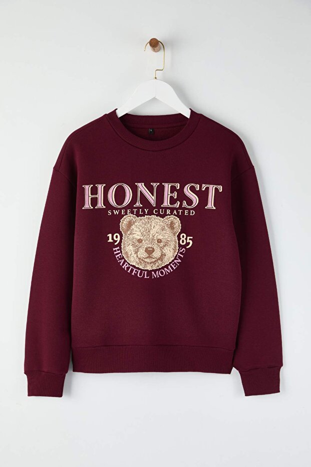 Teen Bordo Kalın İçi Polarlı Ayıcık Baskılı Regular/Normal Kesim Örme Sweatshirt TWOAW26SW00199 - 5