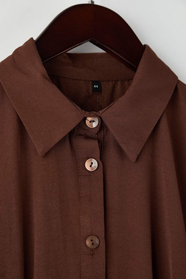 Hnedé mini košeľové šaty s tkaným opaskom veľkej veľkosti TBBAW26AH00046 - 6