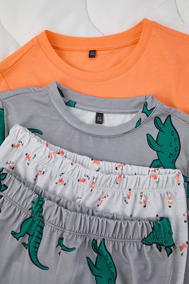 Somon-Gri Erkek Çocuk 4'lü Baskılı Pijama Takımı TKDAW26PT00009 - 8