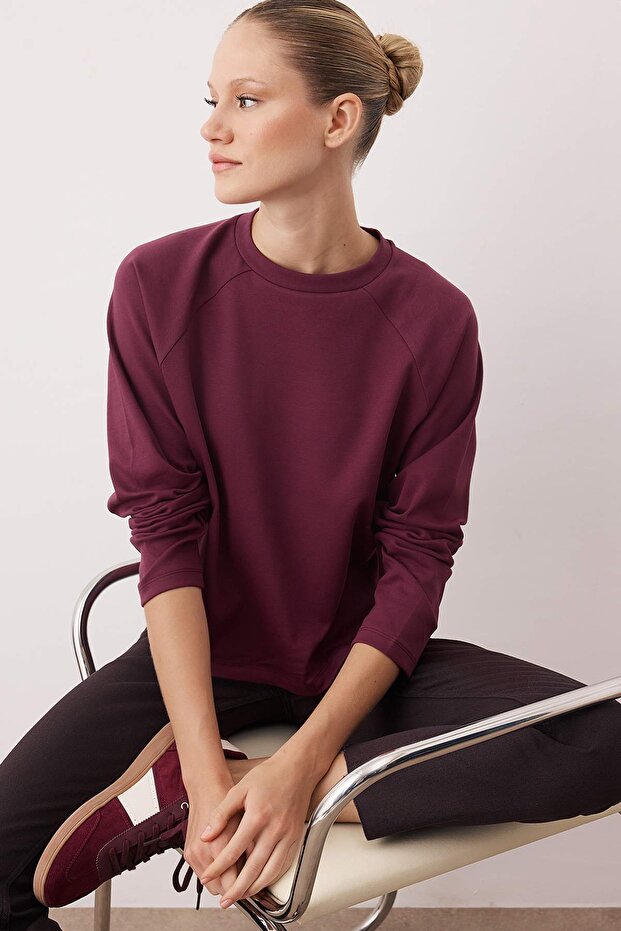 Mürdüm Relaxed/Boxy Fit Crop Uzun Kol Örme T-Shirt TWOAW26TS00022 - 1