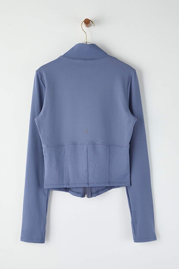 Indigo Fırçalı Soft Kumaş Baş Parmak Delikli Örme Spor Ceket/Sweatshirt THMAW25SK00001 - 8