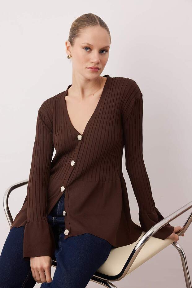Kahverengi Peplum Detaylı Triko Hırka TWOAW26HI00271