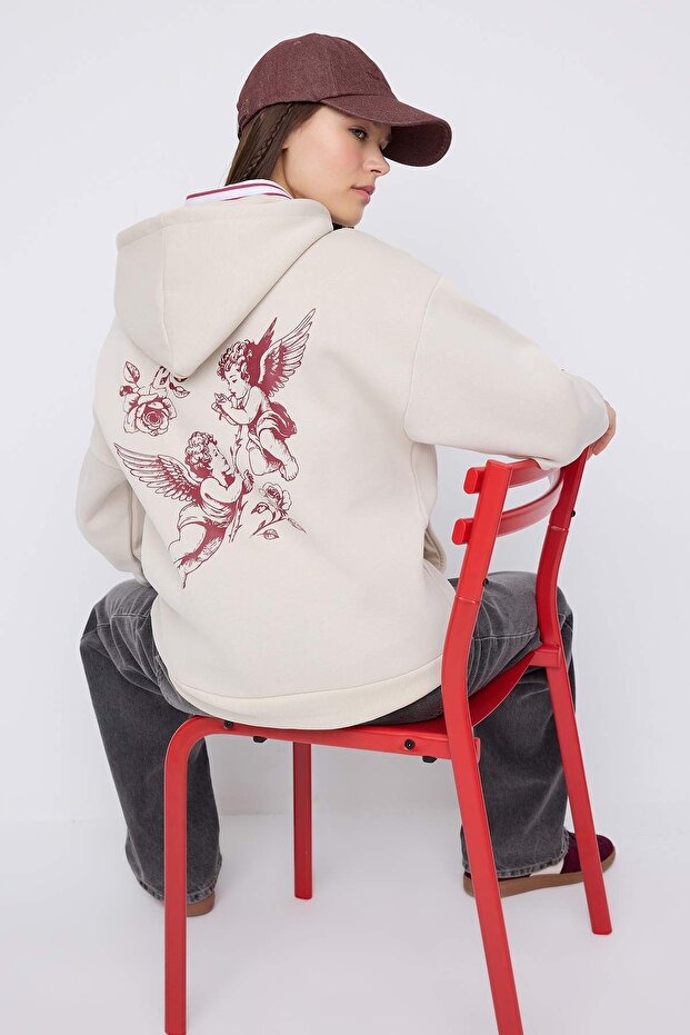 Teen Taş Kapüşonlu Sırt Melek Baskılı Kalın İçi Polarlı Oversize Örme Sweatshirt TWOAW26SW00198 - 1