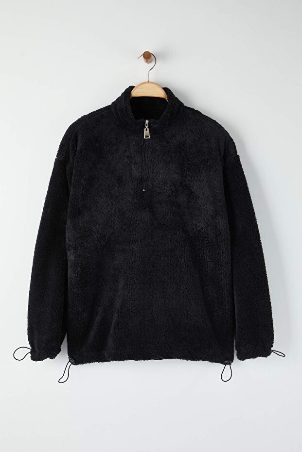 Siyah Regular/Normal Kesim Fermuarlı Stoperli Sıcak Tutan Peluş Sweatshirt TMNAW22SW0618 - 10