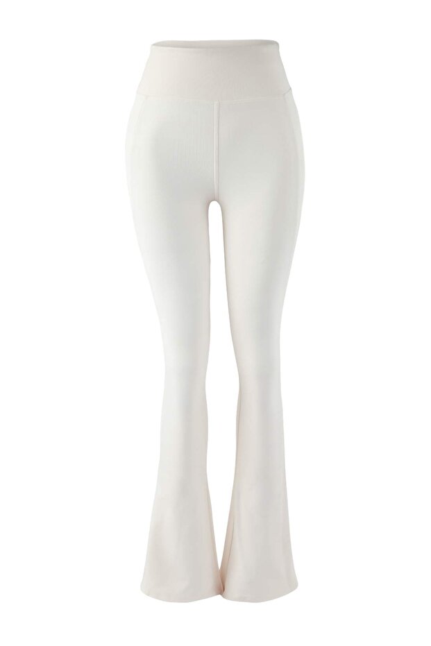 Ekru Fırçalı Soft Kumaş Reflektör Baskılı İspanyol Paça Yoga Örme Spor Tayt THMAW24TY00066 - 7