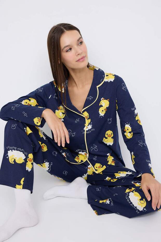 Teen Lacivert %100 Pamuklu Ördek Desenli Biyeli Örme Pijama Takımı THMAW26PT00117 - 1