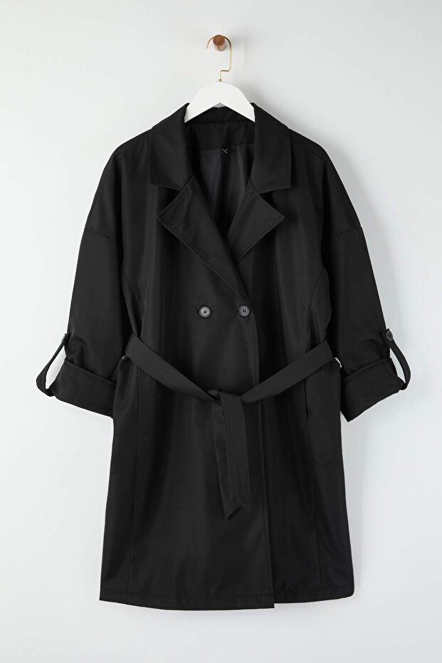 Siyah Uzun Oversize Büyük Beden Trençkot TBBSS25BM00001 - 6