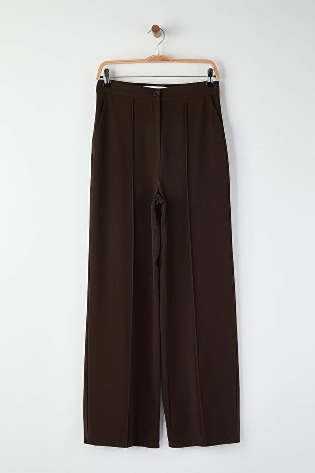 EXCLUSIVE Özel Koleksiyon Dökümlü Kahverengi Nervürlü Wide Leg/Geniş Paça Pantolon TWOAW26PL00118 - 6