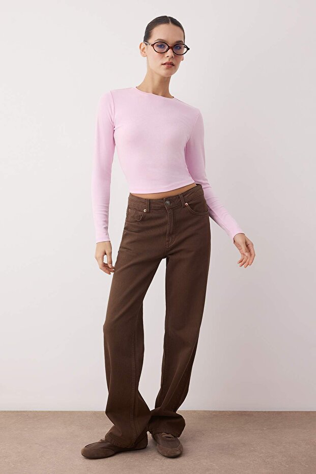 Açık Pembe Viskon Bisiklet Yaka Crop Esnek Örme Bluz TWOAW24BZ00116 - 2